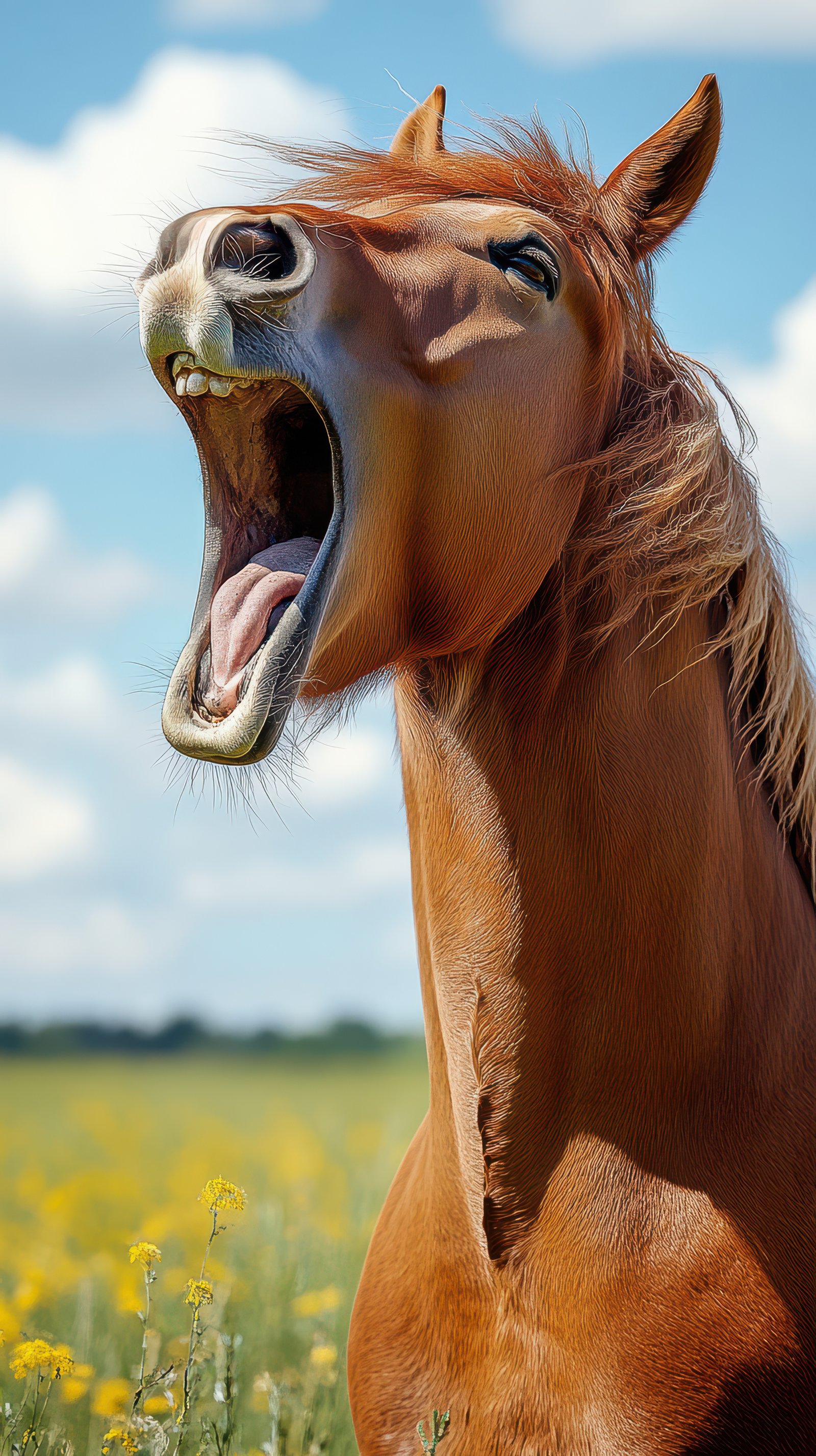 Brown horse yawns joyfully in a sunny field surrounded by wildflowers under a clear blue sky